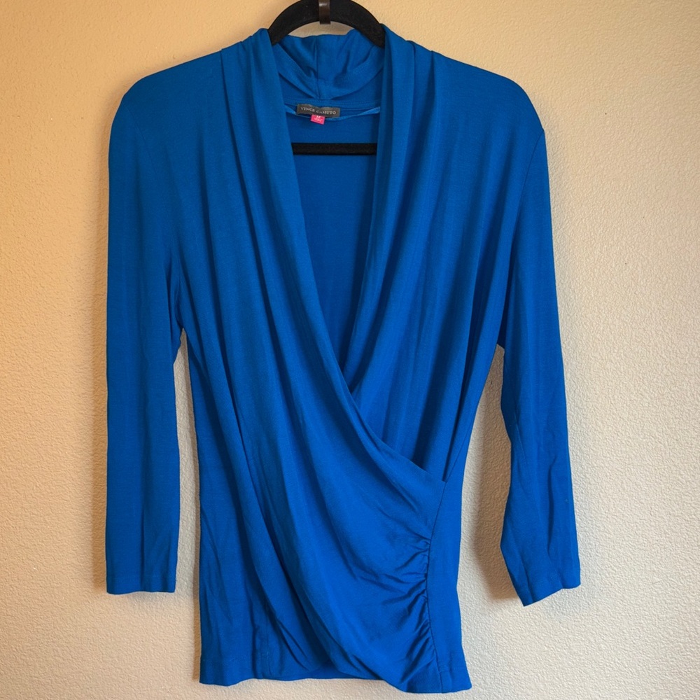 Vince Camuto MEDIUM Vibrant Blue V-Neck Wrap Shirred Blouse 3/4 Sleeve Top